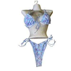 Tie-Dye Bikini Set Size Large Tie-Side Bottom Pastel Blue‎ Sexy Beach Swimsuit